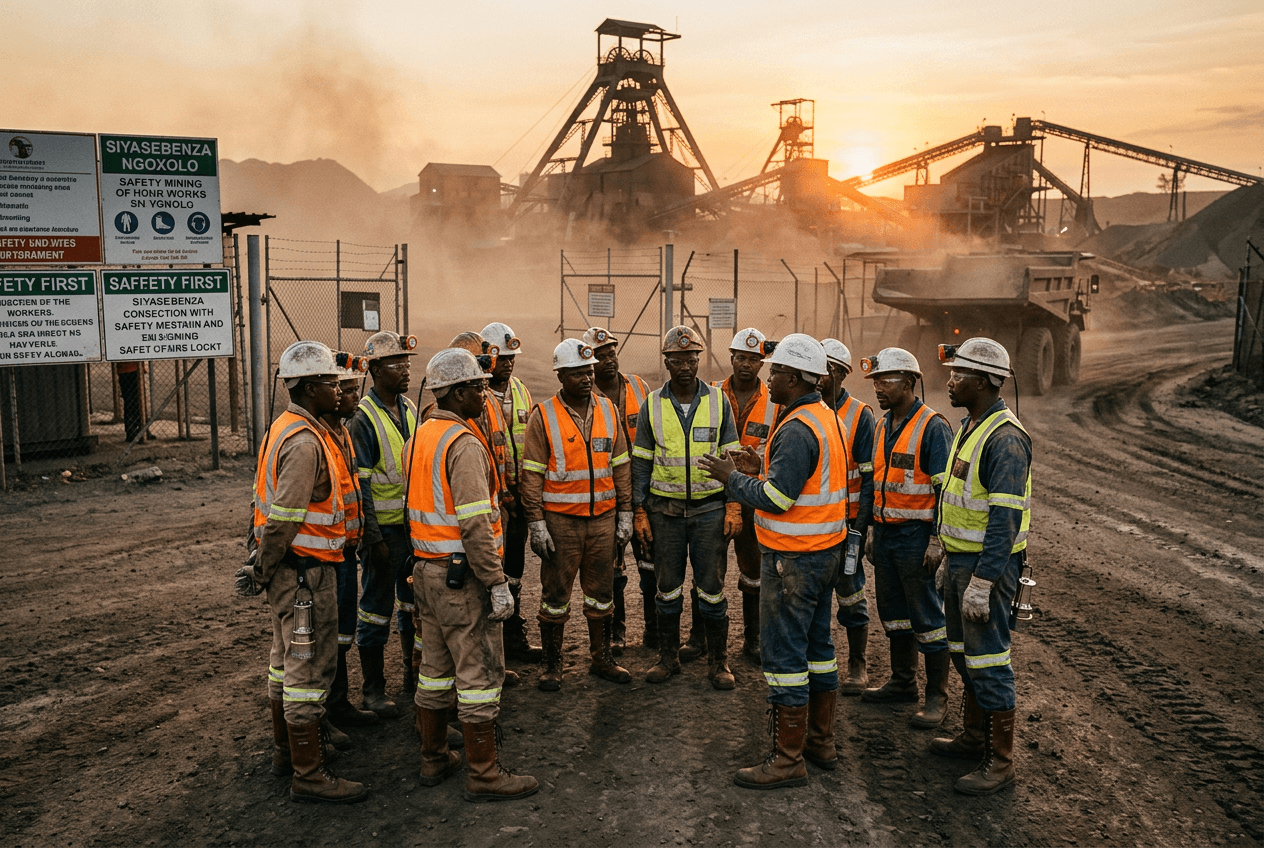 Mining workers and engineers in a safety briefing at sunrise