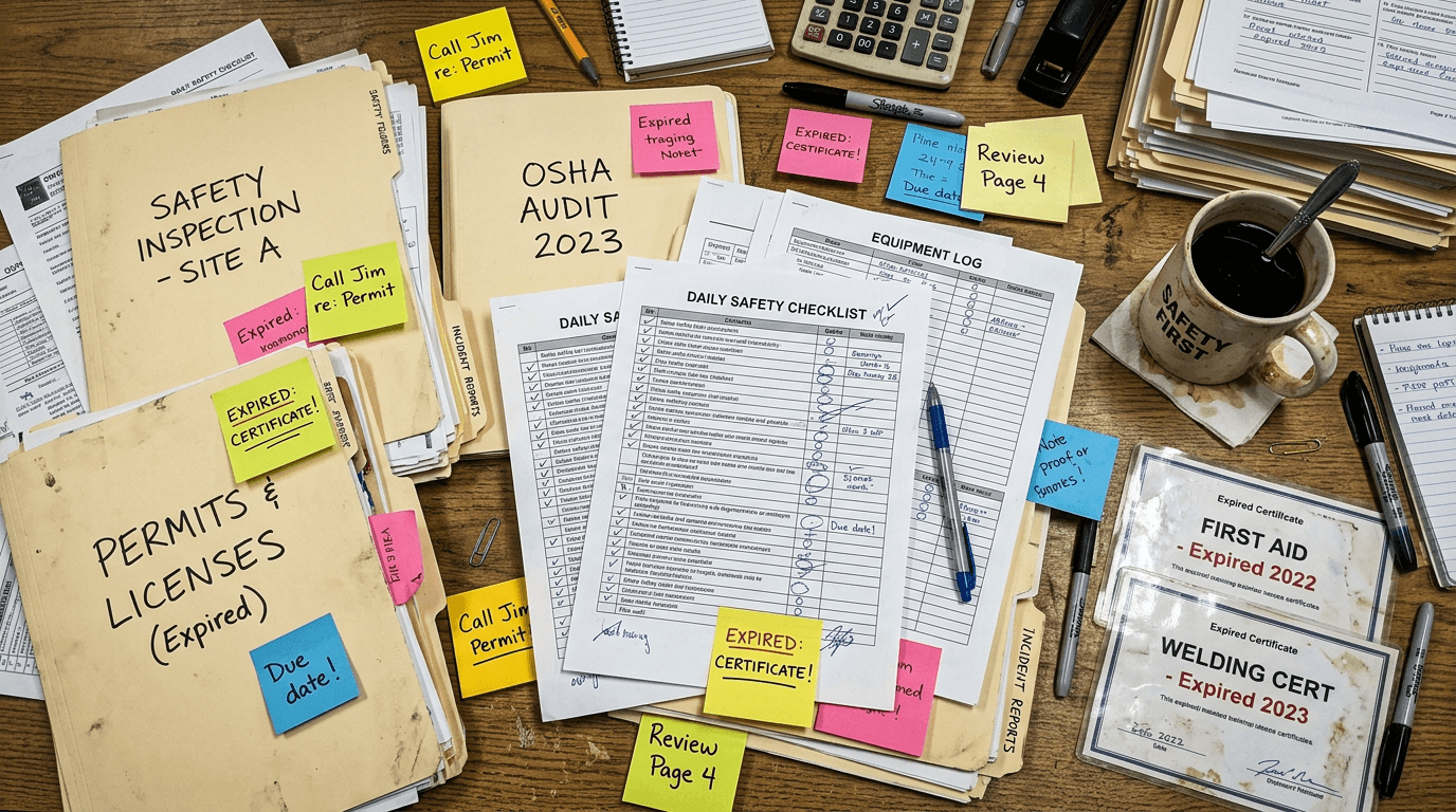 Cluttered desk with safety folders, printed checklists and expired certificates